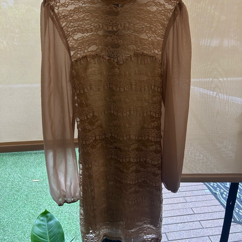 Foreign Exchange Lace Mini Dress – Nude Beige, Sheer Sleeves, Heart Back Cutout